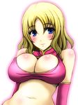  bare_shoulders blonde_hair blue_eyes blush breasts cleavage cleavage_cutout covered_nipples elbow_gloves gloves large_breasts midriff navel original smile solo wakame 