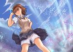  biribiri brown_eyes brown_hair haoyuan misaka_mikoto school_uniform short_hair shorts skirt solo sweater_vest to_aru_majutsu_no_index 