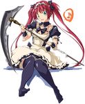  airi_(queen's_blade) blush breasts cleavage green_eyes large_breasts long_hair maid queen's_blade red_hair ribbon scythe sitting smile solo thighhighs twintails umanosuke zettai_ryouiki 