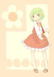  absurdres ascot bad_id bad_pixiv_id flower green_hair hair_flower hair_ornament highres kazami_yuuka plaid plaid_skirt plaid_vest puni_(orangeplanet) red_eyes sandals short_hair skirt skirt_set smile solo touhou vest younger 