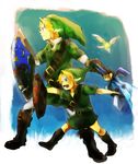  artist_request blonde_hair blue_eyes dual_persona fairy gloves hat holding holding_sword holding_weapon left-handed link male_focus master_sword multiple_boys navi pointy_ears shield sword the_legend_of_zelda weapon young_link 