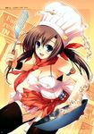  absurdres blue_eyes breasts brown_hair chef chef_hat cleavage cooking copyright_request flipping_food food fried_rice frying_pan hair_ribbon hat highres large_breasts leaning_forward looking_at_viewer ponytail ribbon rice scarf solo spatula thighhighs tomose_shunsaku toque_blanche 
