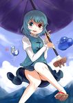  :p blue_eyes blue_hair detached_sleeves frog geta gigokku green_hair hair_ornament heterochromia highres karakasa_obake kochiya_sanae long_hair multiple_girls purple_umbrella red_eyes sandals short_hair tatara_kogasa tongue tongue_out touhou ufo umbrella 