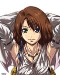  armpits arms_behind_head arms_up bad_id bad_pixiv_id brown_hair detached_sleeves final_fantasy final_fantasy_x heterochromia jewelry madhatter_hello necklace solo yuna_(ff10) 