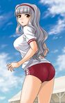  ass bangs blunt_bangs blush breasts brown_eyes buruma curly_hair grey_hair gym_uniform hairband hida_tatsuo idolmaster idolmaster_(classic) large_breasts long_hair looking_at_viewer looking_back parted_lips shijou_takane short_sleeves solo 