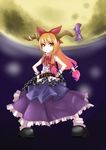  bow chain full_moon hair_bow hands_on_hips horn_ribbon horns ibuki_suika long_hair moon noirly oni orange_hair ribbon smile solo touhou 