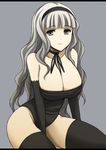  bare_shoulders breasts cleavage grey_eyes grey_hair huge_breasts idolmaster idolmaster_(classic) long_hair shijou_takane smile solo thighhighs wakame 