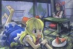  barefoot blonde_hair bow brown_hair detached_sleeves eating feet food fruit gua hakurei_reimu horns ibuki_suika legs_up long_hair lying multiple_girls on_stomach rain red_eyes seiza short_hair sitting tatami torii touhou watermelon 