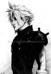  cloud_strife final_fantasy final_fantasy_vii greyscale male_focus monochrome shoulder_pads solo spiked_hair 