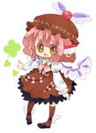  animal_ears bad_id bad_pixiv_id bow chibi clover dress earrings four-leaf_clover full_body hair_bow happy hat jewelry kneehighs long_sleeves lowres mary_janes mystia_lorelei natsumi_(natumi06) open_mouth pink_hair ribbon shoes short_hair simple_background socks solo standing touhou winged_shoes wings yellow_eyes 