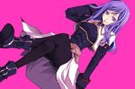  black_legwear boots breastplate crossed_legs gloves lipstick long_hair makeup maria_traydor naghi_(polastar) pantyhose purple_eyes purple_hair simple_background sitting skirt smirk solo star_ocean star_ocean_till_the_end_of_time thighhighs waist_cape 