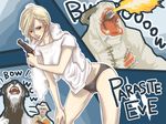  aya_brea blonde_hair blue_eyes dog fire gun monster panties parasite_eve parasite_eve_ii regorock shirt short_hair towel underwear weapon 