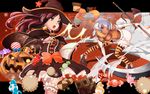  aqua_eyes bloomers book brown_hair candy checkerboard_cookie cookie dark_skin earrings fishnets food garters halloween hat horns jack-o'-lantern jewelry knife_(artist) multiple_girls original pavement pumpkin red_eyes scarf silver_hair staff star star_earrings striped striped_legwear tail thighhighs underwear weapon witch_hat 