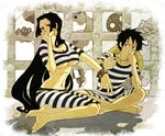  1girl barefoot black_hair blugori blush boa_hancock breasts cleavage cow cuffs earrings embarrassed feet hat impel_down jewelry large_breasts long_hair minotaurus_(one_piece) monkey_d_luffy one_piece pon_(puppupon) prison prison_clothes prisoner sitting straw_hat striped underboob very_long_hair 
