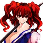 bare_shoulders breasts cleavage hair_bobbles hair_ornament large_breasts off_shoulder onozuka_komachi pupps red_eyes red_hair seductive_smile smile solo touhou two_side_up 