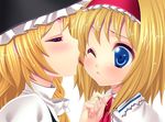  alice_margatroid bad_id bad_pixiv_id blonde_hair blue_eyes braid hairband hat kirisame_marisa licking minatsuki_alumi multiple_girls short_hair tongue touhou wince witch_hat yuri 