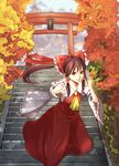  autumn bad_id bad_pixiv_id bow brown_hair detached_sleeves hakurei_reimu halu-natsu leaf maple_leaf red_eyes solo stairs torii touhou 