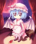  bat_wings blood blue_hair bow broken chair chibi cup curtains hat mary_janes moon night night_sky orange_eyes orita_enpitsu red_eyes red_moon remilia_scarlet shoes short_hair sky solo stain standing teacup touhou wings 