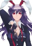  1girl animal_ears blazer breasts cleavage commentary_request finger_on_trigger gun holding holding_gun holding_weapon jacket kon'ya_(usamimi_parlour) large_breasts long_hair necktie purple_hair rabbit_ears red_eyes reisen_udongein_inaba solo touhou weapon 