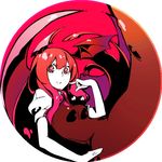  bad_id bad_pixiv_id bat_wings breasts circle commentary_request dress head_wings koakuma large_wings long_hair looking_at_viewer pinky_out pisoshi puffy_short_sleeves puffy_sleeves red red_eyes red_hair round_image short_sleeves small_breasts smile solo touhou very_long_hair wings 