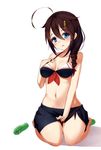  adapted_costume ahoge bikini blue_eyes braid breasts brown_hair collarbone flip-flops full_body gin00 hair_flaps hair_ornament hair_over_shoulder hair_ribbon hand_on_own_chest highres kantai_collection long_hair looking_at_viewer medium_breasts navel open_mouth remodel_(kantai_collection) ribbon sandals sarong seiza shadow shigure_(kantai_collection) simple_background single_braid single_sandal sitting solo strap_lift swimsuit white_background 