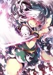  comiket_88 commentary_request crazy_smile glowing glowing_eyes gold_trim hairband katana konpaku_youmu red_eyes short_hair smile soine solo sword touhou weapon white_hair 