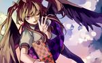  ;) black_legwear brown_hair cellphone checkered checkered_skirt cloud eredhen flying hair_ribbon himekaidou_hatate one_eye_closed phone purple_eyes ribbon skirt smile solo touhou twintails wings 