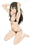  armpits arms_behind_head arms_up baba_arumi bad_id bad_pixiv_id barefoot bikini breasts brown_hair commentary_request full_body green_eyes idolmaster idolmaster_cinderella_girls long_hair looking_at_viewer micro_bikini navel open_mouth shibuya_rin simple_background sitting small_breasts smile solo swimsuit wariza white_background 