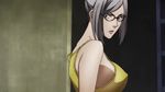  breasts brown_eyes cleavage female glasses grey_hair hair_bun highres huge_breasts kangoku_gakuen large_breasts lipstick long_hair makeup no_bra prison_school screencap shiraki_meiko silver_hair 