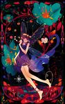  abstract_background absurdres bad_id bad_pixiv_id barefoot brown_eyes colorful commentary dress fairy fairy_wings flower grin head_wreath highres original pointy_ears purple_hair sketch smile solo toenail_polish wings xia 