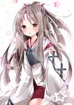  breastplate brown_eyes commentary_request hair_ribbon kantai_collection long_hair long_sleeves looking_at_viewer nanase_nao open_mouth ribbon shirt silver_hair skirt solo star very_long_hair wide_sleeves zuihou_(kantai_collection) 