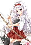  arrow boots bow_(weapon) chize hairband kantai_collection long_hair purple_eyes shoukaku_(kantai_collection) silver_hair solo thigh_boots thighhighs weapon 