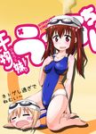  brown_eyes brown_hair chibi competition_swimsuit doma_umaru ebina_nana goggles goggles_on_head highres himouto!_umaru-chan komaru multiple_girls one-piece_swimsuit rokushaku_neko swim_cap swimsuit twintails wavy_mouth 