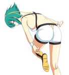  aquarion_(series) aquarion_evol ass ass_cutout back bare_shoulders boots breasts butt_crack female from_behind green_hair hair_ribbon large_breasts open_mouth purple_eyes ribbon shiny shiny_skin short_hair short_shorts shorts sideboob simple_background smile solo teya wrist_cuffs zessica_wong 