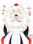  alternate_costume animal_ears blush breasts chinese_clothes fang happy hat highres inubashiri_momiji inyuppo large_breasts looking_at_viewer open_mouth paw_pose short_hair silver_hair simple_background skirt solo tail tokin_hat touhou translated white_background wolf_ears wolf_tail 