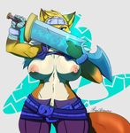  2015 anthro avante92 belt breasts canine clothing female fox mammal melee_weapon nipples pants solo sword weapon 