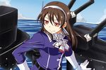  ascot ashigara_(kantai_collection) blue_sky brown_hair commentary_request day fang gloves hairband hand_on_hip kantai_collection machinery nishi_koutarou red_eyes remodel_(kantai_collection) sky smirk solo upper_body water white_gloves 