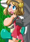  bestiality blue_eyes breasts flower hair_flower hair_ornament japanese_clothes kimono large_breasts pangoro pokemon pokemon_(anime) serena_(pokemon) short_hair sweat tears translation_request yorunoko 