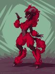  2018 4_fingers anthro cervine digital_media_(artwork) female fur hair hooves karol_pawlinski mammal navel open_mouth red_eyes red_fur red_hair red_tongue simple_background smile solo standing teeth 