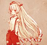  bow fujiwara_no_mokou hair_bow hair_ribbon hands_in_pockets long_hair red_eyes ribbon solo suspenders torn_clothes torn_sleeves touhou very_long_hair white_hair yujup 