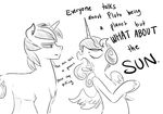  2015 cutie_mark dialogue duo english_text equine female feral friendship_is_magic glo-in-the-dark half-closed_eyes horn male mammal monochrome my_little_pony princess_cadance_(mlp) shining_armor_(mlp) sketch text unicorn winged_unicorn wings 