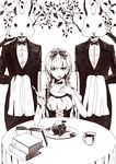  agatsumaattsu apple book choker food fork fruit greyscale highres knife looking_at_viewer monochrome original serious solo table twintails 