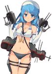  bikini blue_eyes blue_hair breasts cleavage commentary_request elbow_gloves front-tie_top gloves hat kantai_collection long_hair looking_at_viewer medium_breasts navel rigging senbei_(senbe_i) side-tie_bikini smile swimsuit thigh_gap turret urakaze_(kantai_collection) white_hat 