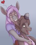  &lt;3 bite brown_hair buckteeth canine clothed clothing donkey drooling duo equine eyes_closed eyewear female female/female glasses hair happy hi_res hooves mammal nom purple_hair saliva tongue tongue_out violetrosefall wolf yellow_eyes 