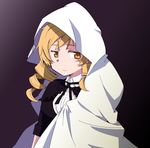  1girl akemi_homura_(cosplay) black_dress blonde_hair character_request curly_hair dress drill_hair female gold_eyes gradient gradient_background mahou_shoujo_madoka_magica ribbon solo tomoe_mami yellow_eyes 