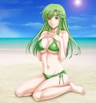  barefoot beach bikini breasts cleavage day fire_emblem fire_emblem:_monshou_no_nazo green_eyes green_hair headband highres large_breasts long_hair navel ocean paola sitting sky smile solo swimsuit tamamon water 