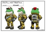  amphibian anthro backpack belt blue_eyes bodysuit boots clothing english_text footwear frog h.komaki hat male nintendo official_art simple_background skinsuit slippy_toad smile solo star_fox text video_games 