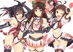  :d ;d adapted_costume black_hair breasts brown_eyes brown_hair checkered chibi cleavage commentary_request double-breasted double_bun elbow_gloves gloves hachimaki headband horosuke_(toot08) jintsuu_(kantai_collection) kantai_collection long_hair medium_breasts microphone midriff multiple_girls naka_(kantai_collection) navel one_eye_closed open_mouth race_queen remodel_(kantai_collection) scarf sendai_(kantai_collection) short_hair small_breasts smile thighhighs torpedo two_side_up umbrella white_scarf 