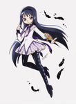  absurdres akemi_homura black_feathers black_hair black_hairband boots chibi-jen-hen hairband high_heels highres long_hair mahou_shoujo_madoka_magica pantyhose purple_eyes shield solo traditional_media 