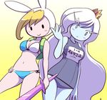  adventure_time animal_hood backpack bag bikini blonde_hair blush breasts bunny_hood cleavage cowboy_shot eyebrows eyebrows_visible_through_hair fionna_the_human_girl frown hand_on_hip hood ice_queen large_breasts long_hair multiple_girls nollety one-piece_swimsuit school_swimsuit side-tie_bikini smile swimsuit sword weapon white_hair 